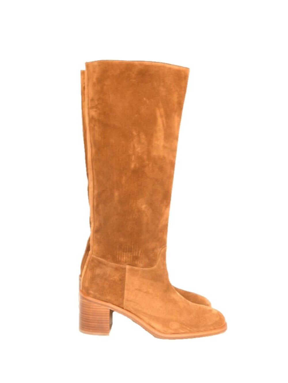 $850 STUART WEITZMAN FINN KNEE HIGH BOOT BLOCK SUEDE SADDLE 9 B (PD5) - Picture 2 of 8